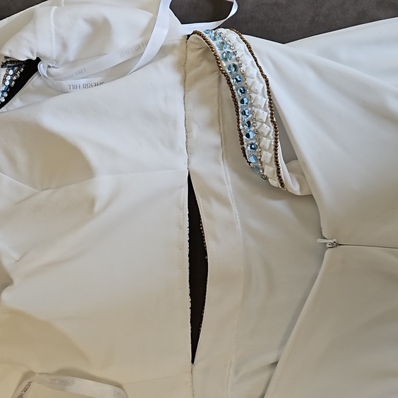 Size 6 white Sherri Hill gown with blue and bronze color tone beadwork - Picture 15 of 15